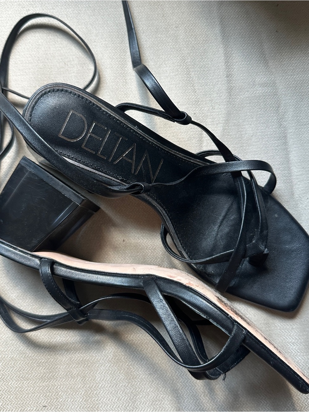 Deltan Black Strappy Block Heel Sandals with Wrap Ties